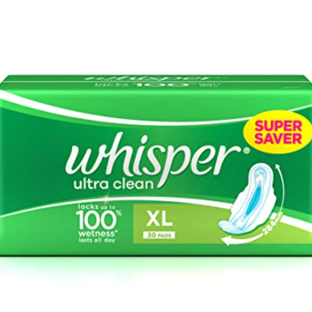 Whisper Sanitary Pads Ultra Clean With Wings,XL-30 PADS