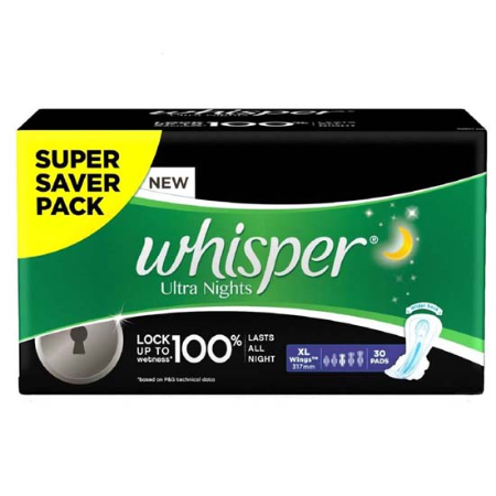 Whisper Sanitary Pads Ultra Nights With Wings,XL-30 Pads