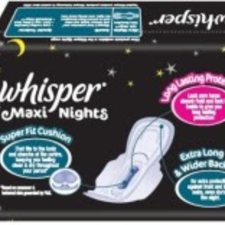Whisper Sanitary Pads Maxi Nights Extra Heavy Flow With Wings,XL-15 Pads